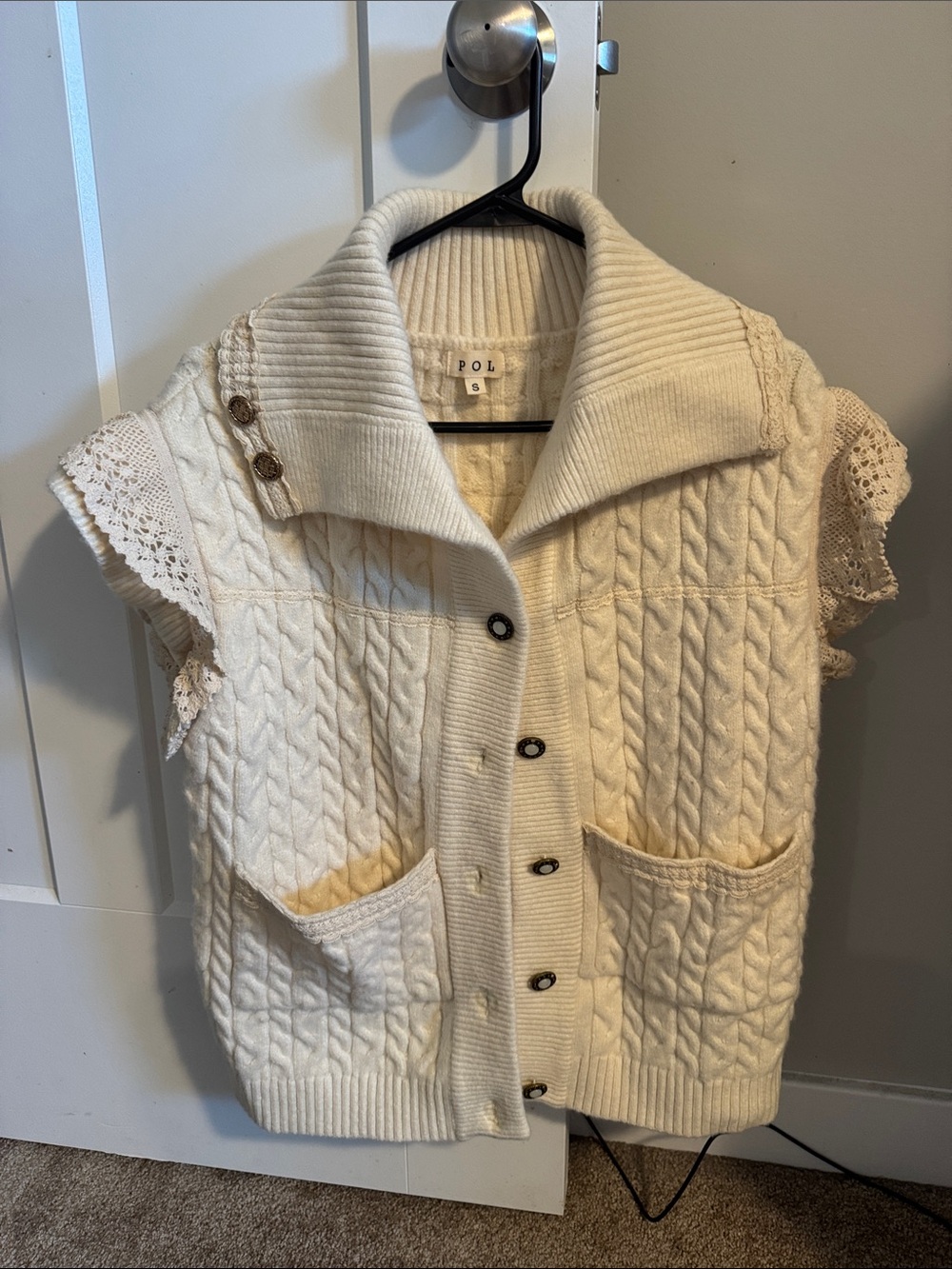 POL Cream Cable-Knit Short Sleeve Cardigan with Lace Trim